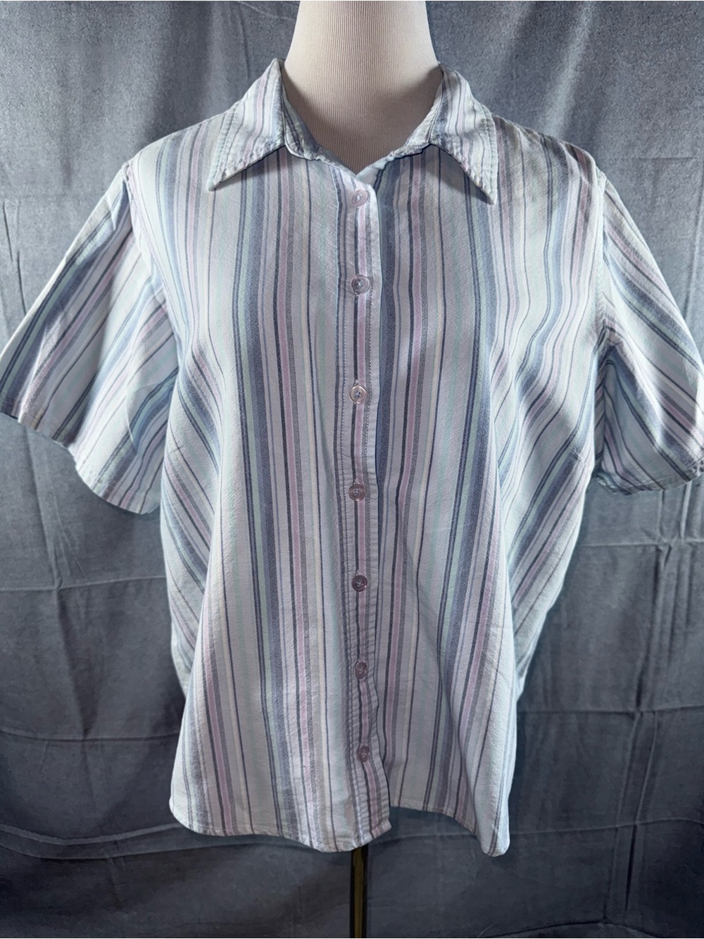 1649-Basic Editions Women's Button-Down Shirt in Light Blue and Lavender Stripes